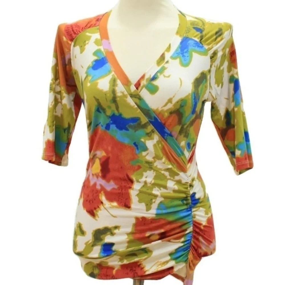 CAbi Crossover Surplice Watercolor Floral Blouse S